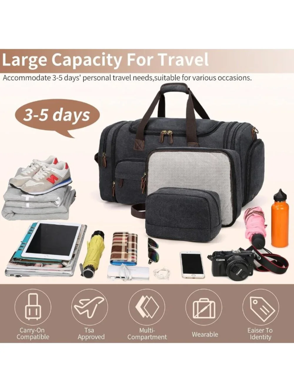 Expandable 60L Men's Duffle Bag for Travel, Weekender, Overnight, Shoe